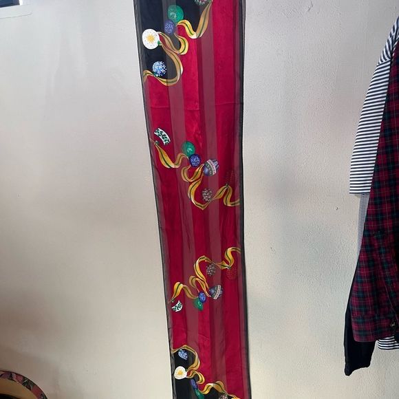 Holiday Ribbon and Ornaments Scarf on a Red Background Semi Sheer - Picture 3 of 3